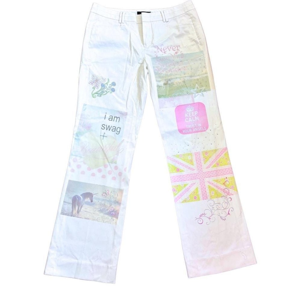 Mexx Vintage Y2K Graphic Print Wide Leg Pants White Size 36 low rise flare
